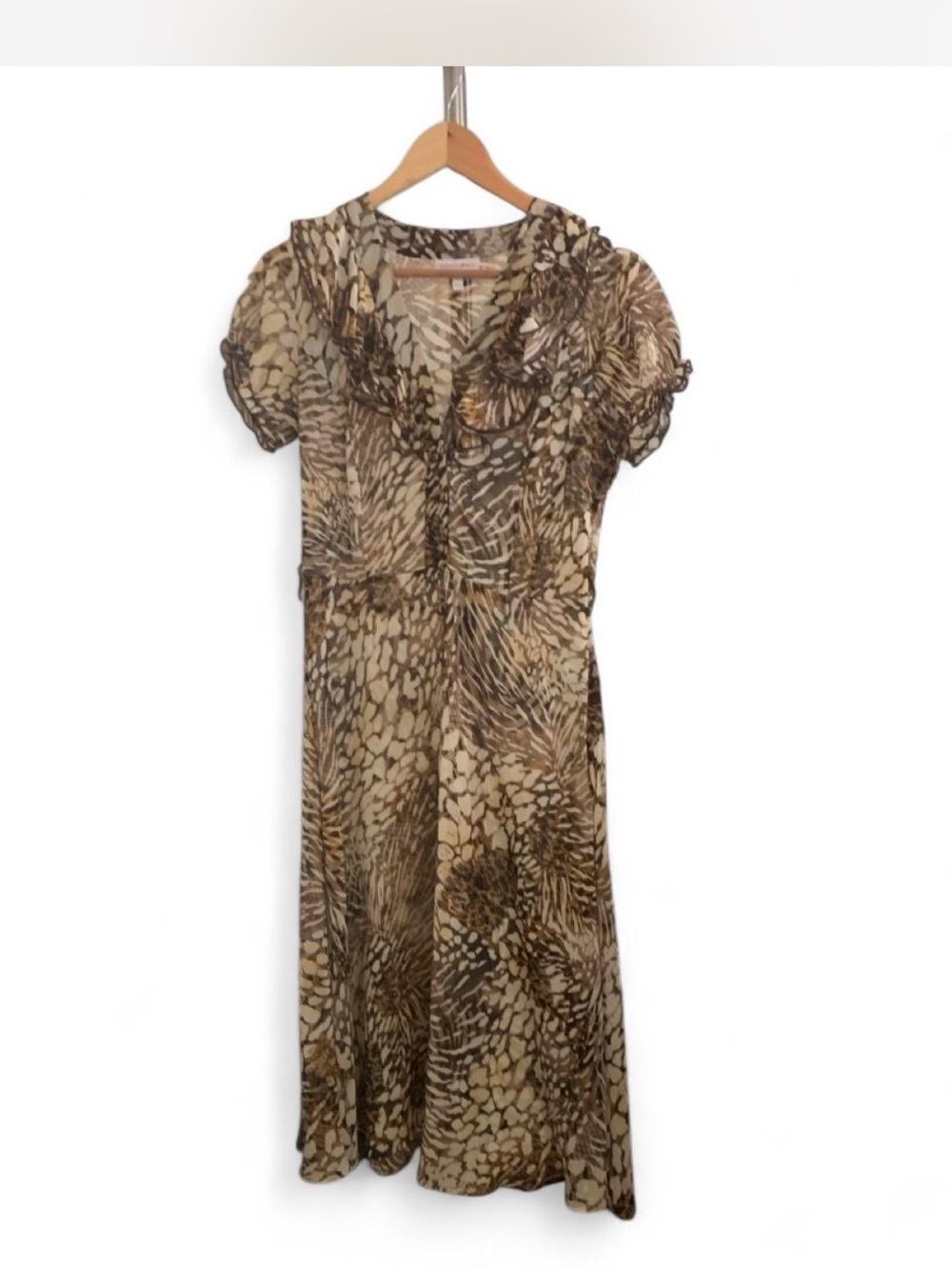 Brown Printed Short-Sleeve Midi Dress